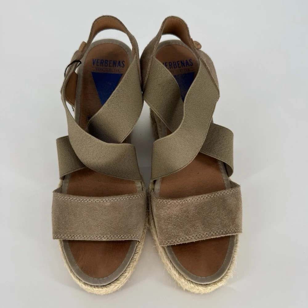 Verbenas Espadrille‎ Wedges Sandals Shoes Tan Suede Cross Strap Women's 7.5 - 38